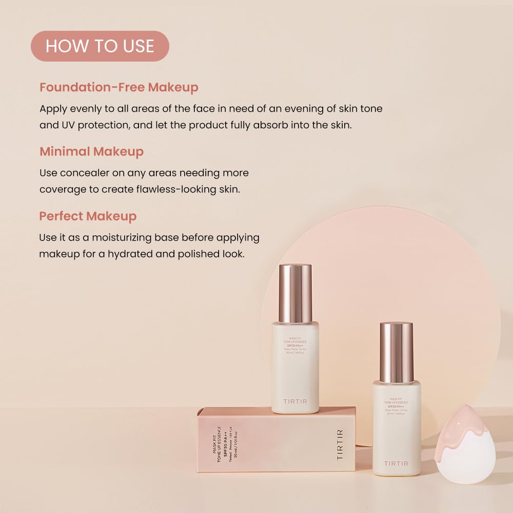 TIRTIR Mask Fit Tone Up Essence - Tinted Moisturizer for Glass Skin Look | Lightweight, Deep Hydration, 1.01 fl. oz. (Beige)