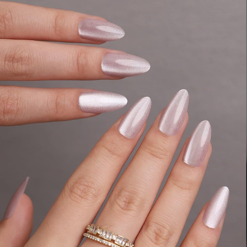 Almond Press on Nails Medium Fake Nails White Nails Press ons with Design Reusable Artificial Nail Full Cover Stick on Nails for Women Manicure 24Pcs