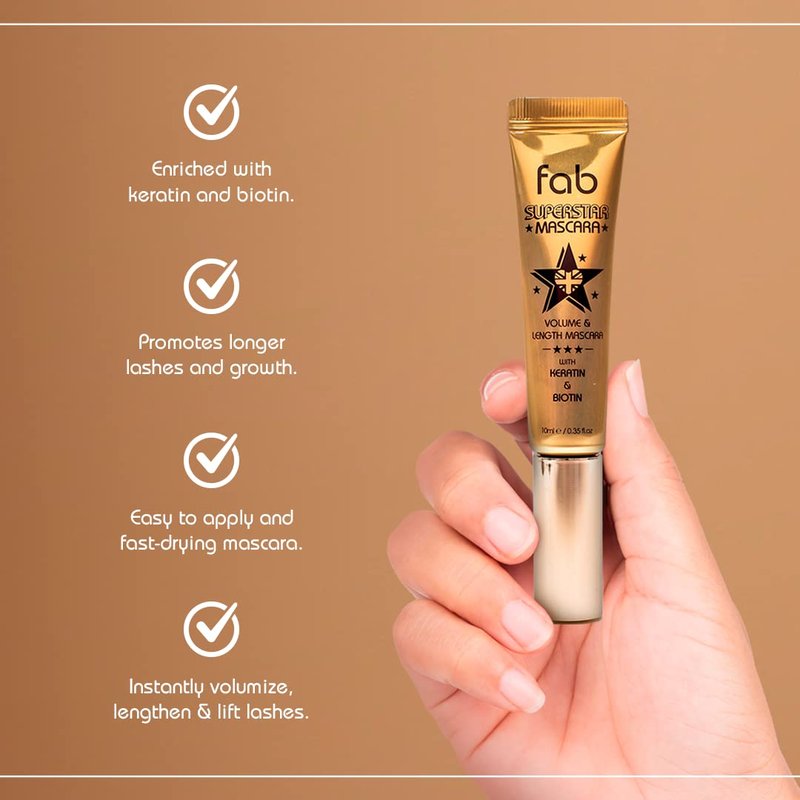 Fab Superstar Mascara - Waterproof Volumizing Mascara for Bold Length & Lift | Black, 10ml - Infused with Keratin & Biotin