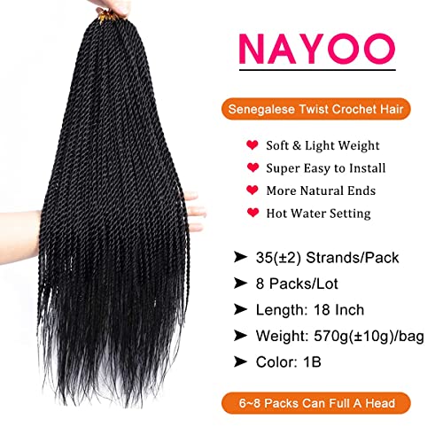 NAYOO Senegalese Twist Crochet Hair For Black Women - 8 Packs 35 Strands/Pack Small Twist Crochet Braids Hair Hot Water Setting, Crochet Braiding Hair Straight Ends(18 Inch, 1B)