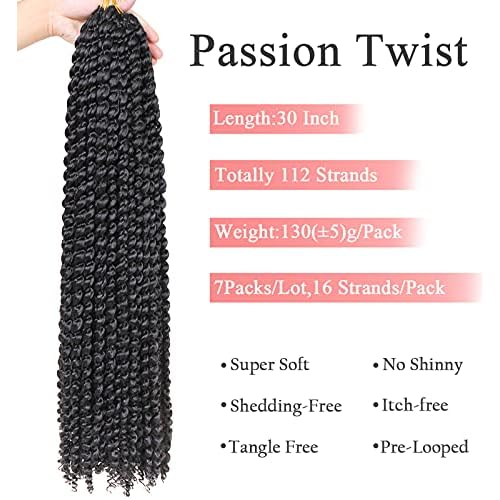 Leeven 7 Packs Passion Twist Braiding Hair for Butterfly Locs Natural Black Water Wave Crochet Passion Twist Hair for Women 30 Inch Super Long Bohemian Braids Synthetic Crochet Hair 1B#