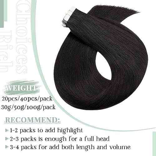 Rich Choices Tape in Hair Extensions Human Hair, 40pcs 100g 100% Remy Tape Hair Extensions Real Human Hair,Seamless Balayage Skin Weft Tape in Hair Extension 22 Inch #1B Natural Black