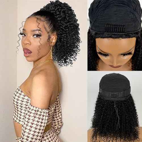 Kinky Curly Half Wig Human Hair 200% Density 3 In 1 Seamless Flip Over Half Wigs Human Hair Glueless Wear and Go Beginner Friendly Kinky Curly Wig Human Hair Drawstring Headband Wig for Women 18 Inch