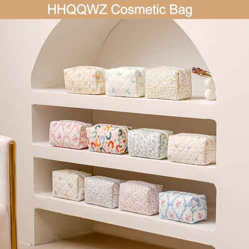 Cute Floral Cotton Makeup Bag, Quilted Makeup Bag for Women Girls, Travel Floral Cosmetic Bag Zipper Make Up Pouch, Flowers Toiletry Organizer Bag (Small Red Bowknot)