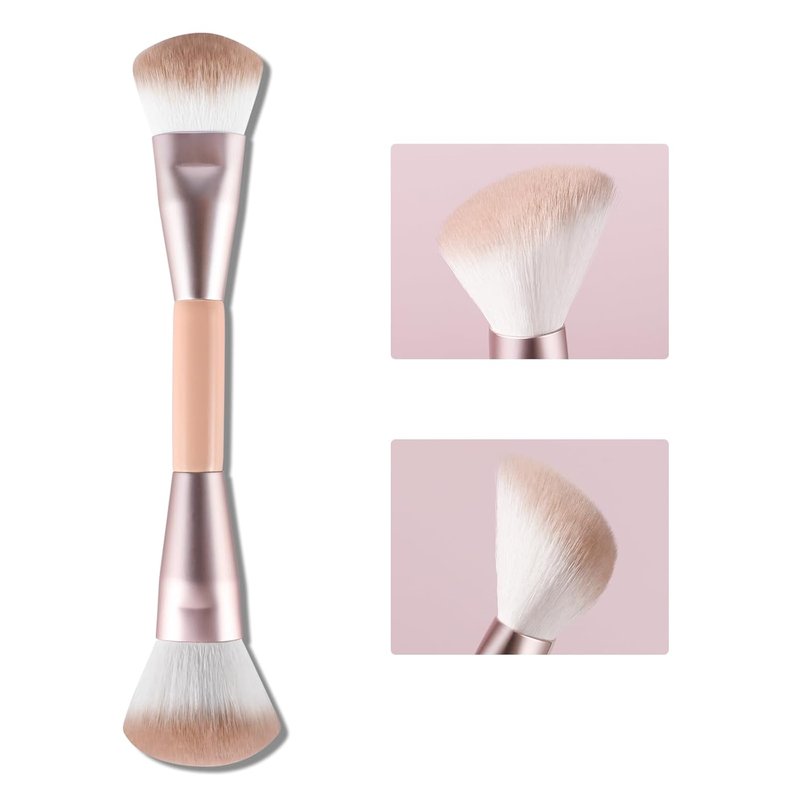 Skiennix Dual Ended Makeup Brush - 2-in-1 Angled Face Sculpting & Fluffy Blush Brush | Premium Synthetic Bristles, Travel-Friendly (Rose Gold)