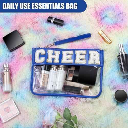 Cheer Chenille Letter Bags Clear Makeup Bag, Cheerleader Gifts Cosmetic Bag, Varsity Preppy Patch Flat Pouch Cheer Accessories, Waterproof PVC Organizer Toiletry Bag for Women Girls Navy Blue