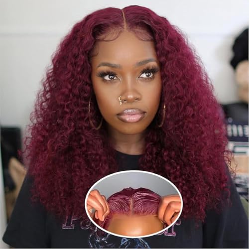 99j Burgundy 13x4 Lace Front Wigs Human Hair Deep Wave HD Transparent Lace Frontal Wig Human Hair 180% Density Glueless Wigs for Women (16inch)