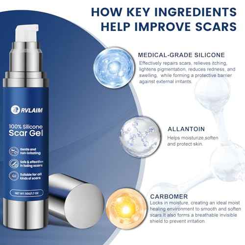 100% Silicone Scar Gel Scar Cream, Advanced Silicone Gel for Removal of Surgical, Burns, Acne Scar, Old and Recent Scars and Stretch Marks, 1.7 oz/50ml