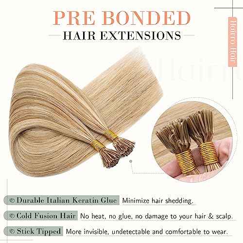 Hairro I Tip Hair Extension For Women Pre Bonded Cold Fusion Keratin Stick Highlight Tipped Hair Pieces Beaded Hair Extensions 22" 100 Strands 50g #12P613 Golden Brown Mix Bleach Blonde