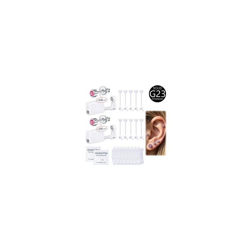 QSKISS G23 Titanium Ear Piercing Kit, ASTM F136 Implant Grade 4mm Pink Studs for Sensitive Ears, Professional Painless Home Piercer, hygienic Disposable with 8 Ear Covers & 10 Clear Studs