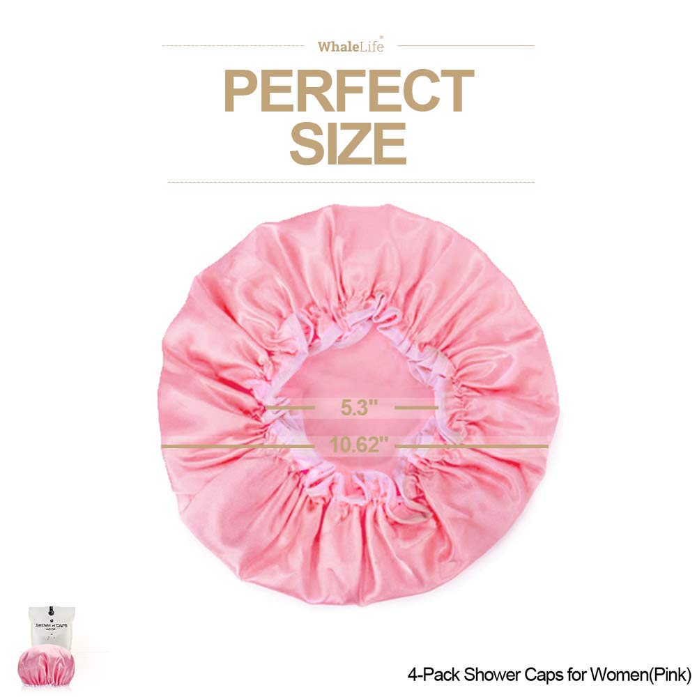 Shower Cap for Women Reusable Extra Large Shower Cap for Men (Pink 4 Pack Large) Satin Double Layer EVA Waterproof Long Hair Cap