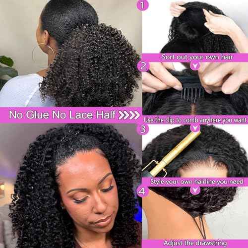 20 Inch Half Wig Human Hair 200% Density Curly 3 In 1 Seamless Flip Over with Drawstring Headband Wig Beginner Friendly Jerry Curly Human Hair Wig Wear and Go Glueless Wigs Human Hair for Women
