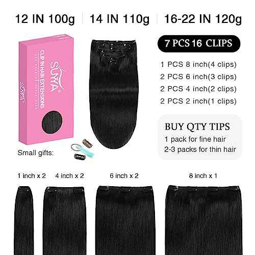 SUYYA Clip in Hair Extensions Real Human Hair, 16 inch 120g Jet Black Clip in Hair Extensions Human Hair Straight Human Hair Clip ins Double Weft(16 inches #1 Jet black)