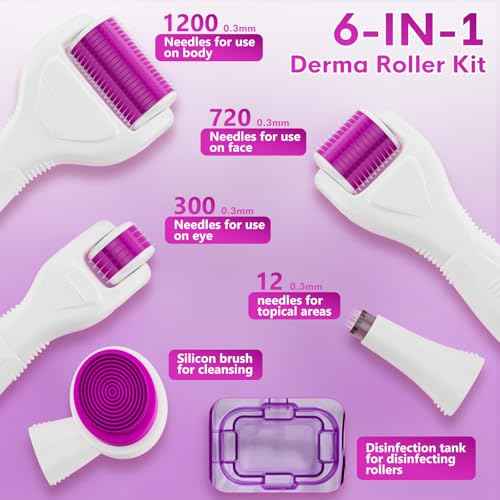 Derma Roller for Hair and Beard, 6 in 1 Microneedle Rollers Kit with 5 Replaceable Heads, Microneedling Roller for Scalp and Body, 300 Needle and 720 Micro Needle roller, 1200 Needle