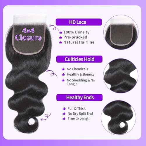 Body Wave Bundles with Closure Human Hair 18 20 22 24 + 16 Inch Brazilian Human Hair 3 Bundles with 4x4 HD Lace Closure Part 12A Grade 100% Unprocessed Virgin Hair