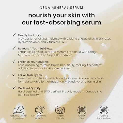 NENA Skincare Mineral Serum - Vitamin C Serum with Hyaluronic Acid - Face Lotion for Deep Hydration, Firmness and Elasticity - All Skin Types - 1 oz