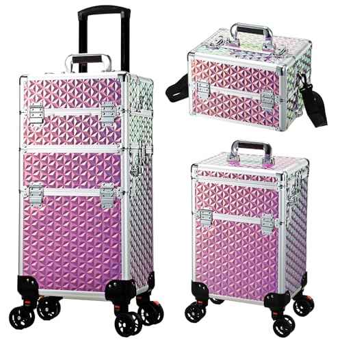 Rolling Makeup Train Case, 3-in-1 Makeup Trolley, Cosmetology Case on Wheels, Travel Makeup Organizer Case for Salon Barber Cosmetology Students, Nail Technicians, Hairstylists, and MUAs, Shiny Pink