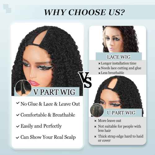 Burmese Curly V Part Wigs Human Hair 200% Density Upgrade U Part Human Hair Wigs with Drawstring and Spiral End Glueless Clip in Half Wigs for Black Women No Leave Out #1B Natural Black 20Inch