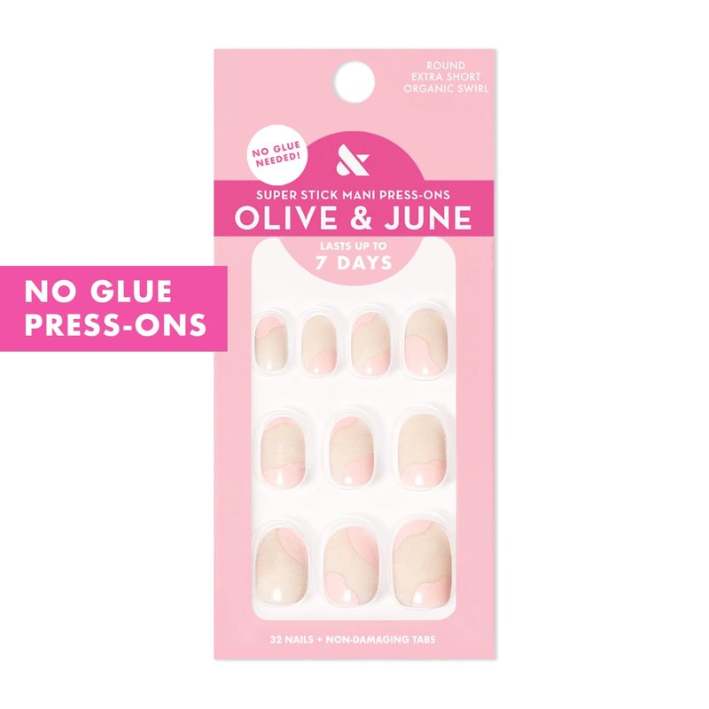 Olive & June Press-On Nails - Classic Super Stick | No Glue Needed | 32 Tabs in 16 Sizes | Non-Toxic, 7-Day Wear | Spring Flowers & Organic Swirl