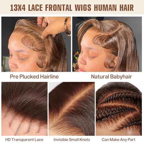 24 Inch Chocolate Brown Human Hair Wig 200 Density Body Wave Lace Front Wigs Human Hair Pre Plucked 13X4 HD Frontal Wig 4# Colored Brown Wig For Women Glueless Wigs