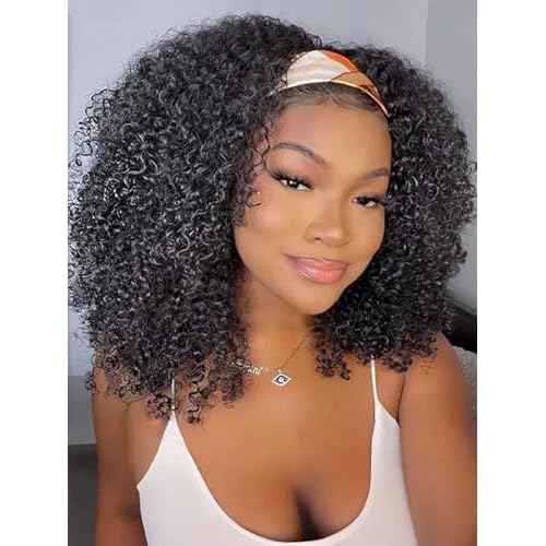 V SHOW Glueless Curly Headband Wig Human Hair 180% Density Thick Throw & Go Kinky Curly Headband Wigs for Women 18 Inch None Lace Front Wigs Wear and Go Glueless Human Hair Wigs