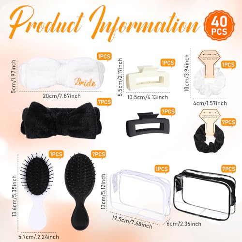40 Pcs Bachelorette Favor Set Include Headband Scrunchies Hair Claw Clips Hairbrush and Makeup Bag for Bridal Shower Party Gifts Bridesmaid Wedding Supplies(White and Black)