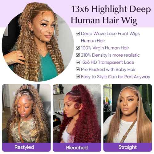 Highlight Ombre 13x6 Lace Front Wig Human Hair 210 Density 26 Inch Deep Wave Honey Blonde Glueless HD Transparent Lace Frontal Wigs for Women