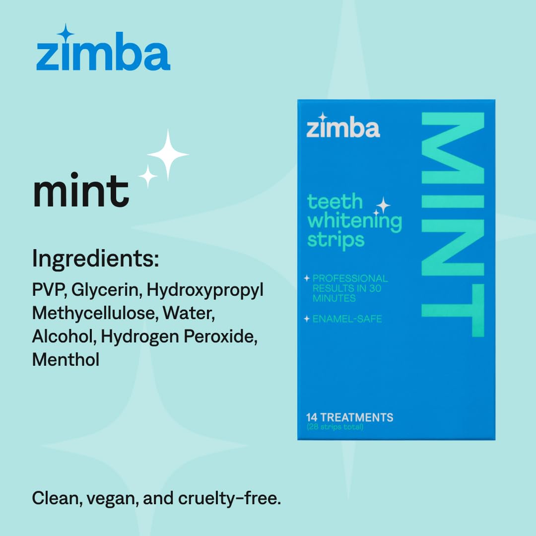Zimba Teeth Whitening Strips Vegan Whitening Strip Enamel Safe Teeth Whitening Hydrogen Peroxide Teeth Whitener for Coffee, Wine, Tobacco, and Other Stains, 28 Strips (14 Day Treatment), Mint