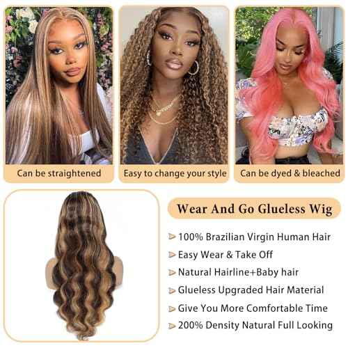 24 Inch Highlight Ombre Glueless Wigs Human Hair Pre Plucked Pre Cut 200% Density 5x5 HD Lace Closure Wigs Human Hair Honey Blonde Body Wave Wear and Go Glueless Wig for Women 3X Longer Lifespan