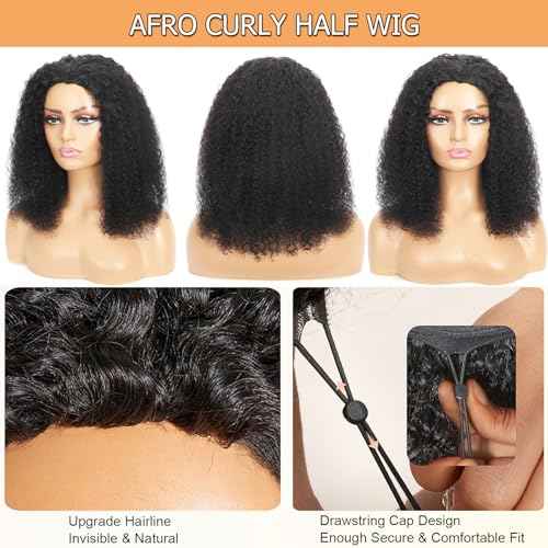 Glueless Wigs Human Hair Upgrade 3 IN 1 Half Wig With Drawstring Seamless Clip Ins Flip Over Kinky Curly Human Hair No Glue No Lace Wig For Women 200% Density 22 Inch