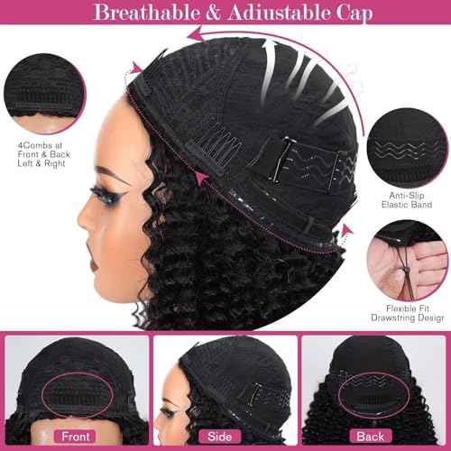 Kinky Curly Half Wig Human Hair 200% Density 3 In 1 Seamless Flip Over Glueless Wigs Water Wave Human Hair With Adjustable String Invisilbe Hairline Beginner Friendly 20 Inch