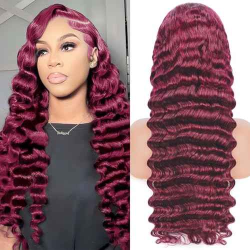 Burgundy Wig Human Hair Wigs for Black Women13x4 Deep Wave Lace Front Wigs Pre Plucked 200% Density 99j Loose Deep Wave Wigs Red Wine Virgin Glueless Wig24 Inch
