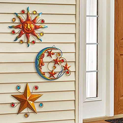 VividLadybug Celestial Wall Decoration Sculpture, Metal Wall Sculpture, Silhouette Wall Decoration, Metal Sun Moon Star Wall Art Sculpture Decoration, Set of 3
