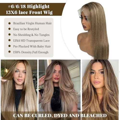 Belaved 22 Inch Ombre Lace Front Wig Human Hair 13x4 Straight Highlight Light Brown to Brown with Ash Blonde Lace Closure Wigs Human Hair for Women Real Brazilian Virgin Pre Plucked Hairline