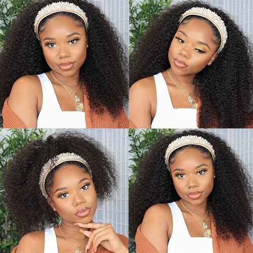 Headband Wig Human Hair Kinky Curly Human Hair Headband Wigs 22Inch Glueless None Lace Front Wig Curly Headband Wig Human Hair Brazilian Virgin Wigs for Black Women 150% Density