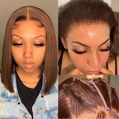 Glueless Bob Wig Human Hair Pre Plucked 14 Inch 13x4 Lace Front Bob Wig Human Hair Glueless Wigs for Black Women Straight Chocolate Brown Lace Frontal Wig 180% Density Colored Human Hair Wig Bob