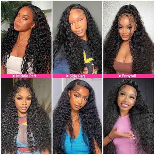 22 Inch 13¡¿6 HD Lace Front Wigs Human Hair Water Wave 200 Density Lace Frontal Wigs Pre Plucked Deep Curly Human Hair Wig for Women Natural Black