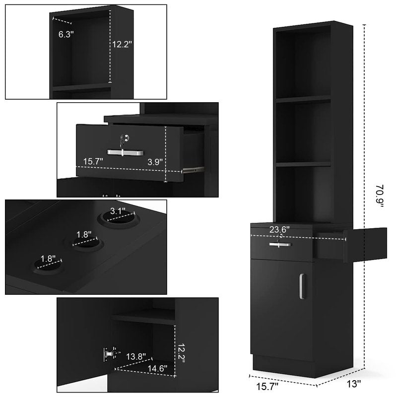 Paddie Hair Salon Stations - Lockable Wall-Mount Barber Stations with Drawer & Storage Cabinet | Black