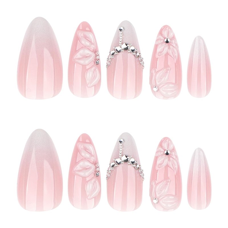 24Pcs 3D Flower Press on Nails Medium Almond Fake Nails Flowers Rhinestones Glitter Designs Full Cover White French Tip Stick on Nails Spring Summer False Nails for Women Acrylic Artificial Manicure