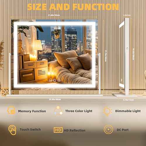 Vanity Mirror with Lights, 24'' x 20'' Lighted Makeup Mirror, Touch Screen with 3-Color Lighting, Dimmable for Vanity Desk Tabletop Square White