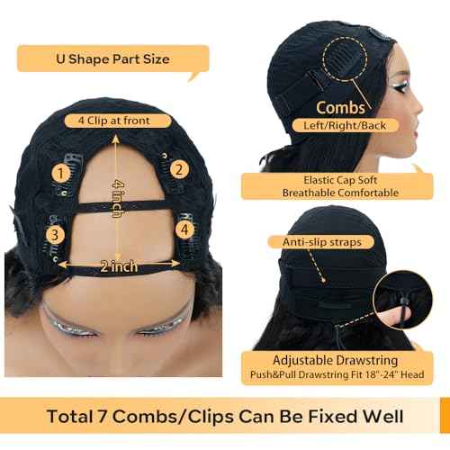 U Part Human Hair Wig Body Wave Drawstring Wig 180% Density U Part Wig Brazilian Virgin Human Hair wigs for Women Full Head Clip in Half Wigs Glueless No Leave Out Lace Front Wig Natural Color 14inch