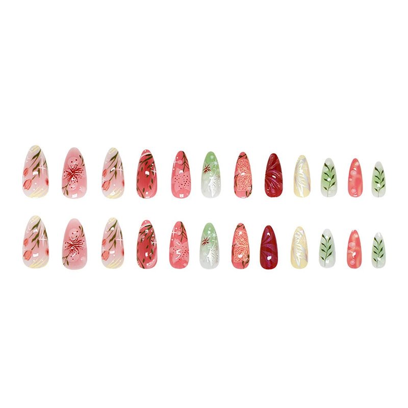 24Pcs Pink Flower Press on Nails Medium Almond Fake Nails 3D Floral Leaf with Silver Butterfly Designs Spring Summer False Nails Cute Colorful Full Cover Glue on Nails for Women Acrylic Manicure DIY