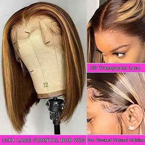 HD Transparent Straight 4/27 Highlight Bob Lace Front Wigs Human Hair Wear and Go Glueless Ombre Honey Blonde Highlight Bob Wig Human Hair Pre Plucked With Baby Hair Short Bob Wigs For Black Women