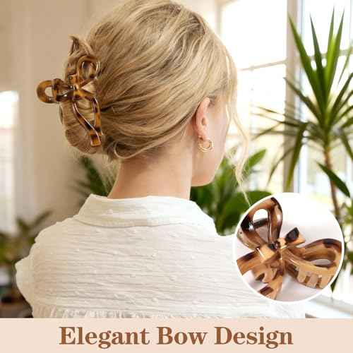 Auseibeely 4 Pcs Bow Claw Clips for Women & Girls, 4.3 Inch Tortoise Shell Cute Bow Hair Clips, Medium Claw Clip for Thick/Thin Hair, Non-Slip Elegant Butterfly Hair Accessories for Christmas Gift