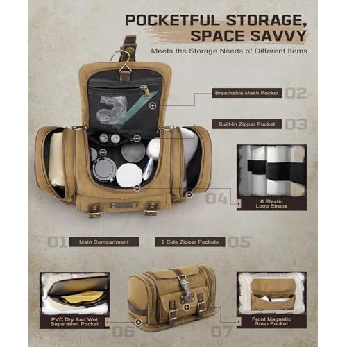 ARCFOX Travel Hanging Toiletry Bag for Men, Vintage Canvas Large Toiletry Bag with 7 Compartments, Camping Gym Travel Toiletry Kit Organizer with PVC Wet & Dry Pockets, Personalized Wash Bag, Brown