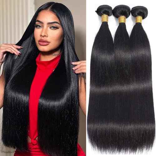 12A Straight Bundles Human Hair 20 22 24 Inches, 100% Unprocessed Brazilian Virgin Straight Human Hair Bundles for Women, Sew In Quick Weave 3 Silky Bundles Human Hair, 300g/Pack Natural Black Color
