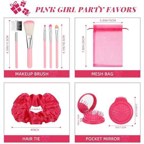 Pink Girl Party Favors Girl Makeup Party Favor Party Supplies Set Includes Pink Gauze Bags, Hair Scrunchies, Foldable Mirror Hair Brushes, Makeup Brushes Toys(48 Pcs)