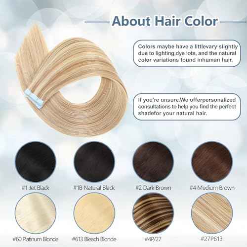 Tape in Hair Extensions Human Hair 100% Remy Hair 20pcs 50g/Pack Straight Seamless Invisible Skin Weft Extensions Easy to Apply and Style (Honey Blonde to Bleach Blonde,22 Inch)