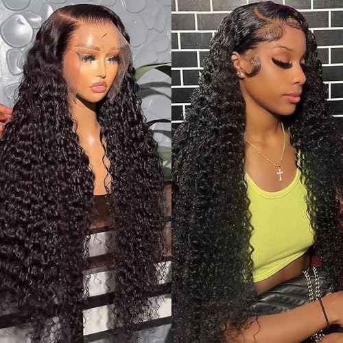 Deep Wave Lace Front Wigs 13x6 HD Transparent Lace Frontal Wig for Black Women 100% Real Curly Human Hair Wigs Pre Plucked with Baby Hair 180% Density (Black, 18 inch)