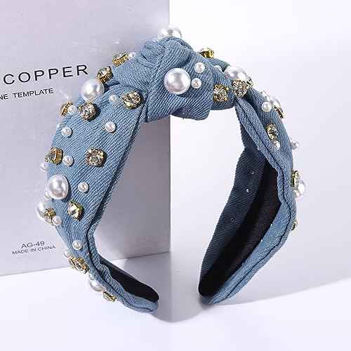 Pearl Knotted Headband for Women White Pearl Rhinestone Crystal Jeweled Embellished Hairband Fashion Elegant Ladies Wide Top Knot Bride Boho Head Band Headpieces Bachelorette Party Hair Accessories